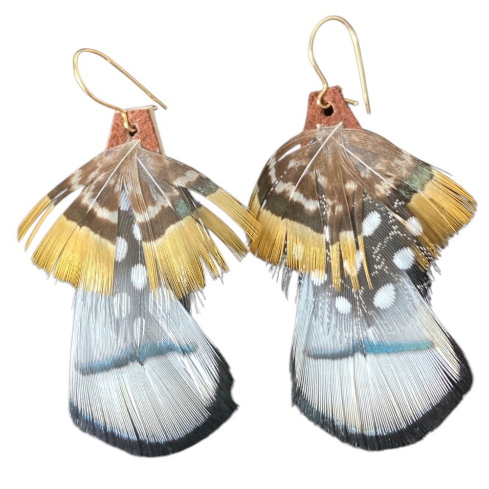 Native American Artisan Feather Leather Earrings Handmade Dangle